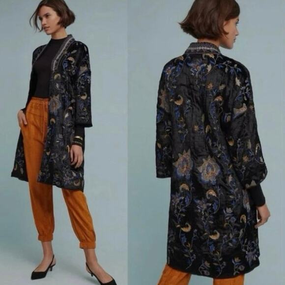 Anthropologie Jackets & Blazers - Bl-nk Anthropologie Embroidered Roxanne Jacket Coat Large Velvet Floral Beaded